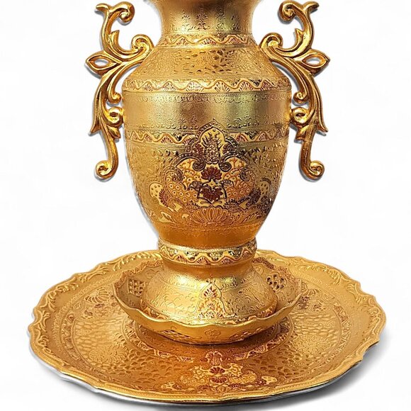 Vintage Large Decorative Gilt Urn w/ Lid Underplate & Bowl Middle Eastern Style - Picture 4 of 16